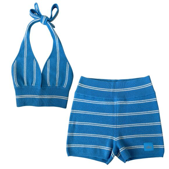 NEW Alo Yoga Cashmere Mini Stripe Halter Tank/Shorts Set Azure Sz S Retail $386 - Picture 1 of 9